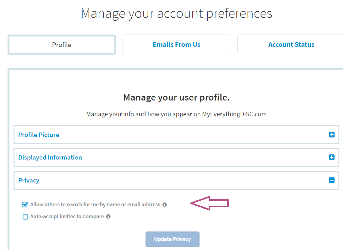 MyEverythingDiSC: Allow others to search for me